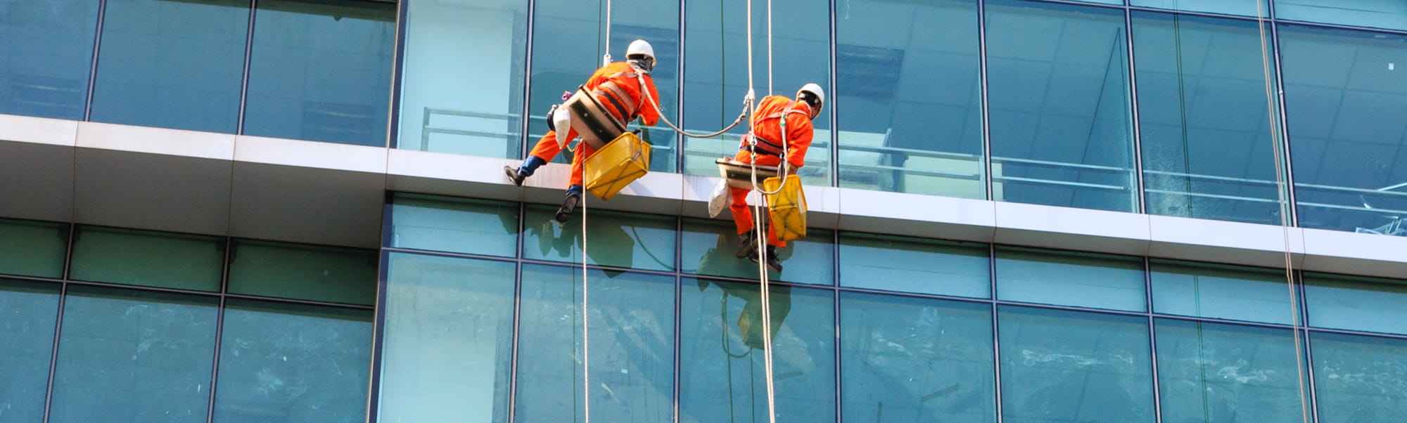 Des employés de l'entreprise l'Entretien effectuent un nettoyage en hauteur des vitres d'un immeuble